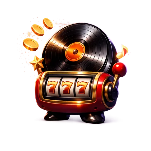 Shiny 3D vinyl record disc with golden casino chip center label, glowing neon rim light on dark background